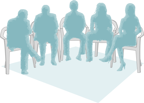 Light blue icon of a group of people sitting in chairs