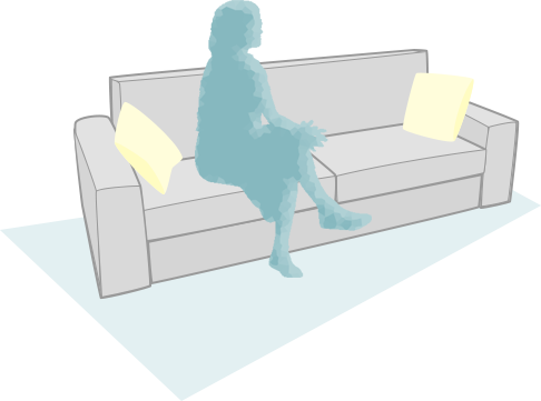 Light blue icon of a woman sitting on a couch